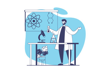School teachers web concept with flat people for website design. Man works in school, teaching students at science lessons, explaining chemistry reaction or biology at seminar. Vector illustration.