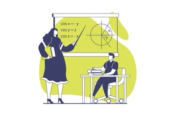 School teachers web concept with flat people for website design. Woman works in school, teaching pupils at lessons by blackboard, pointing math problems at chalkboard in class. Vector illustration.