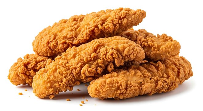 A pile of crispy goldenbrown fried chicken tenders isolated on a white background