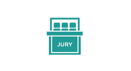 A stylized teal icon of a jury box with seats and the word 