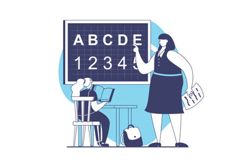 School teachers web concept with flat people for website design. Woman works in school, teaching pupil at lessons in class, explaining alphabet and elementary math to schoolgirl. Vector illustration.