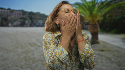 Middle aged hispanic woman reaching out with open hands and smiling on a sunlit street by a palm tree and sandy shore; joyful greeting.