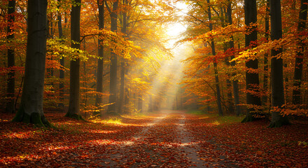 A dense autumn forest with golden sunlight streaming through the trees, creating a warm and serene atmosphere among the fallen leaves.