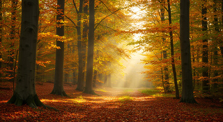 A dense autumn forest with golden sunlight streaming through the trees, creating a warm and serene atmosphere among the fallen leaves.