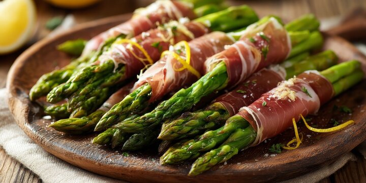 Asparagus Delights: A culinary masterpiece unfolds, showcasing a wooden plate adorned with prosciutto-wrapped asparagus spears, artfully arranged and ready to be savored.