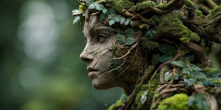 Forest Spirit's Embrace: An exquisite figure of a forest spirit, adorned with natural foliage and earthy textures, gazes serenely into the lush green depths of nature.
