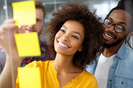 African American woman smiles, team brainstorming, two men collaborate with yellow sticky notes on glass. - Powered by Adobe