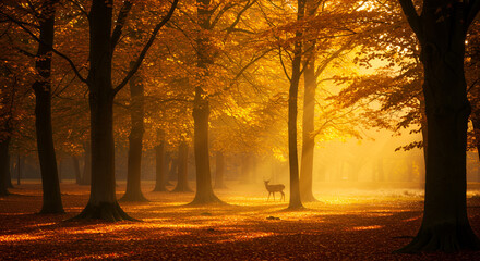 A dense autumn forest with golden sunlight streaming through the trees, creating a warm and serene atmosphere among the fallen leaves.