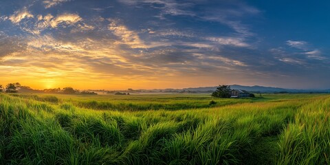 Golden Horizon: A panoramic vista unfolds, where a vibrant sunset paints the sky above a lush, undulating field, creating a tapestry of color and texture. 