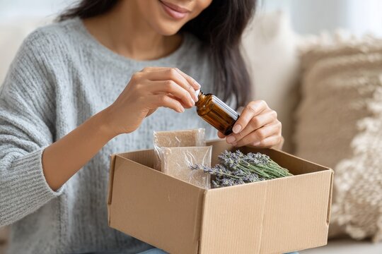 Asian woman smiling, holding essential oil bottle, unboxing natural plant products and dried lavender.