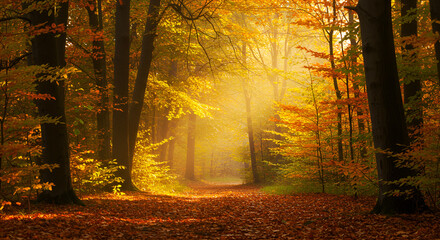A dense autumn forest with golden sunlight streaming through the trees, creating a warm and serene atmosphere among the fallen leaves.