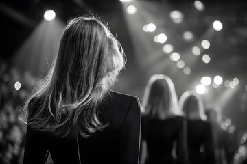 Woman is walking down a runway with two other women behind her. The lights are shining brightly on her and the other women, creating a dramatic and glamorous atmosphere