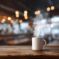 Obraz premium White coffee cup with steam coming out of it sits on a wooden table. The steam rising from the cup creates a cozy and inviting atmosphere