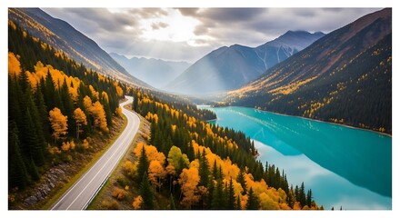 A winding road follows a turquoise lake through a valley of mountains and golden autumn trees