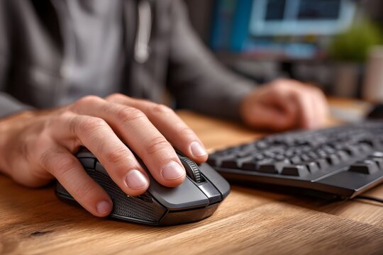 Man is using a computer mouse and keyboard. The mouse is black and the keyboard is black and white