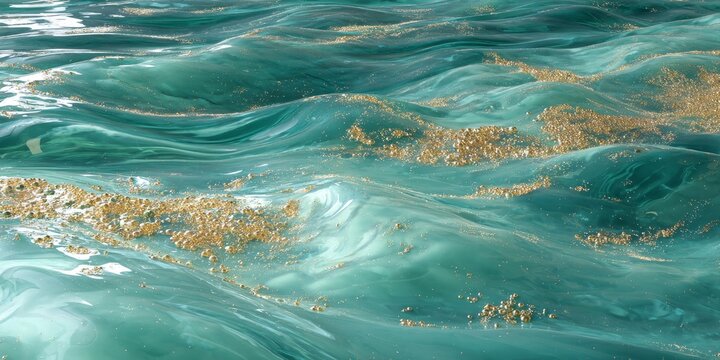 Turquoise Sea Textures: The mesmerizing dance of turquoise waves undulates, their surface adorned with specks of golden sand, captured from an elevated perspective. - Powered by Adobe