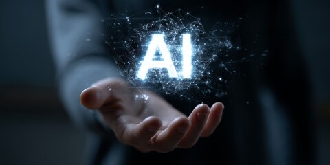 Artificial Intelligence in Hand: A person's hand delicately cradles a luminous display of AI, symbolizing technological innovation and the human interface.