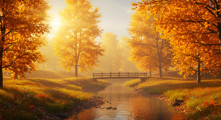 A dense autumn forest with golden sunlight streaming through the trees, creating a warm and serene atmosphere among the fallen leaves.