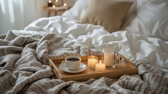 A serene wooden tray sits atop a plush bed, adorned with crisp white bedding sheets, a soft striped blanket, and a complementing pillow, embodying the hygge concept of cozy warmth and comfort