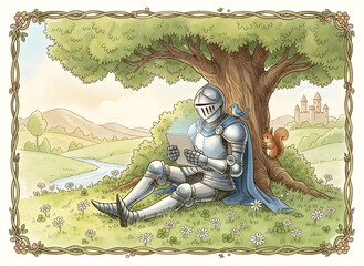 Storybook medieval knight learning from tablet under a tree