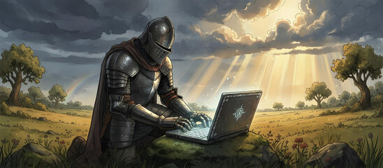 Cinematic concept art of medieval knight using laptop