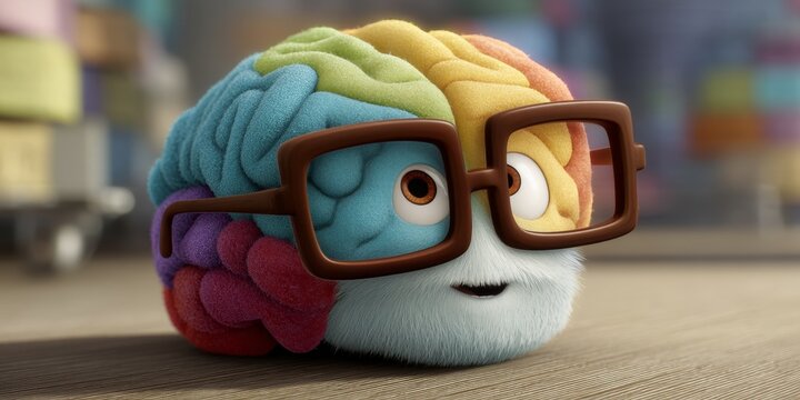 Colorful Brain's Insightful Gaze: A whimsical brain, adorned with colorful hues and scholarly spectacles, observes with curious and intelligent expression. Depicting the wonders of cognition.