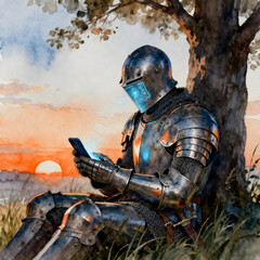 Medieval knight checking modern smartphone under a tree