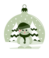 bunny with cap and scarf in christmas ball isolated on white background