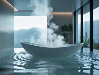 White smoke from the house roof rises to the blue sky, creating an abstract texture of steam and light against the natural backdrop
