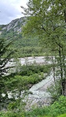 Steep rocky mountain rising above dense green forest on cloudy day