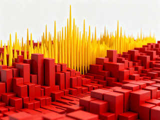 Abstract 3D Bar Chart Data Visualization with Red Cubes and Yellow Spikes Representing Financial Technology and Digital Information