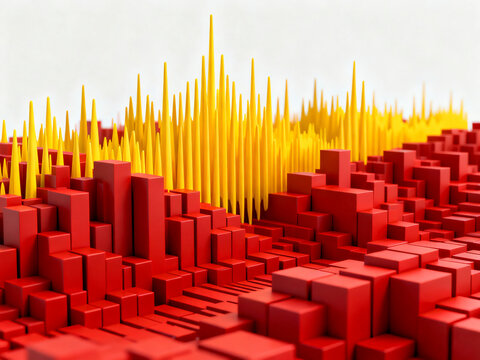 Abstract 3D Bar Chart Data Visualization with Red Cubes and Yellow Spikes Representing Financial Technology and Digital Information
