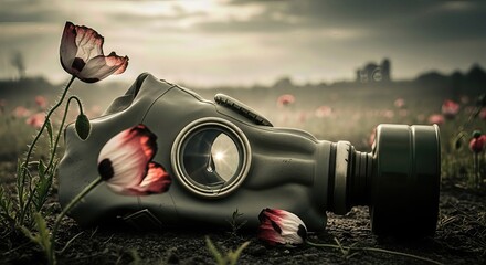 Gas mask lies gently amidst vibrant red poppies, a solemn remembrance day for all victims of chemical warfare. Healing nature reflects tragic human conflict.