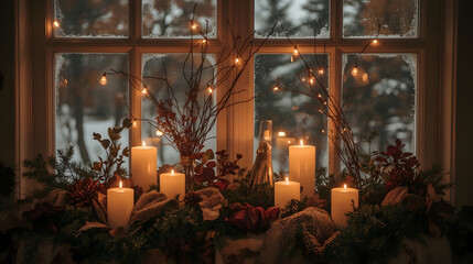warm and cozy window arrangement with soft golden lighting, featuring a winter or autumn concept, with candles of varying sizes and shapes throwing warm gentle lights on the surrounding decor