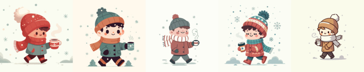 vector of little boy walking carrying warm drink in winter