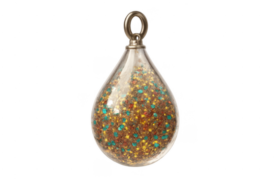 Glass teardrop pendant filled with glitter, transparent background
