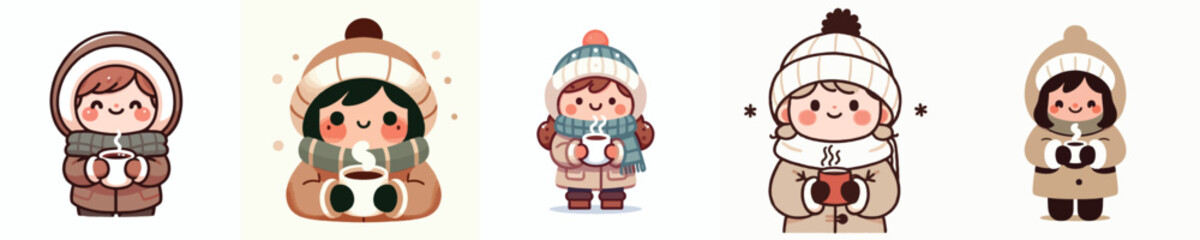 vector little girl drinking hot coffee in winter