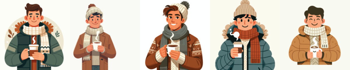 vector man drinking hot coffee in winter