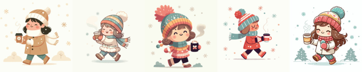 vector of little girl walking carrying warm drink in winter