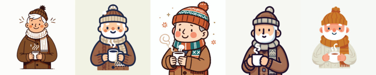 vector grandfather drinking hot coffee in winter