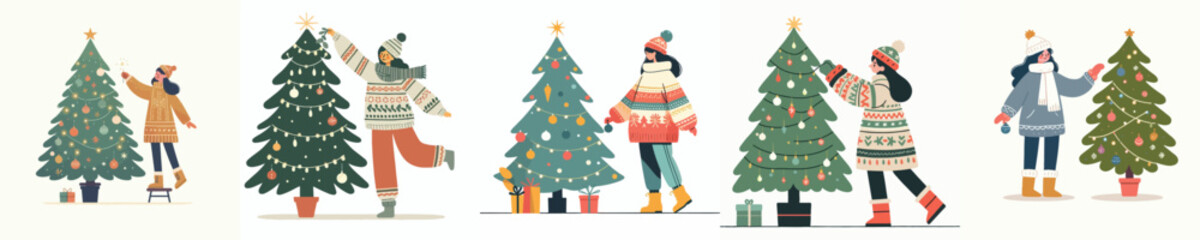 vector woman decorating christmas tree at home