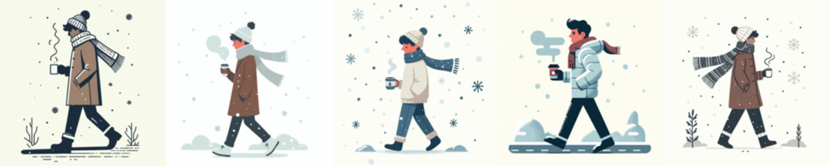 vector of man walking carrying warm drink in winter
