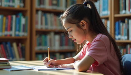 Young girl writing at desk in library, concentrating on schoolwork with bookshelves in background. She is writing and studying, sitting in sunlight.