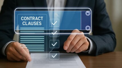 Contract clauses concept with business agreement document review and digital checklist overlay for legal compliance, office setting, agreement terms verification, and professional business checklist - Powered by Adobe