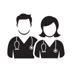 Silhouette icon of male and female doctors with stethoscopes, perfect for healthcare services, clinics, hospital branding, and professional medical designs.