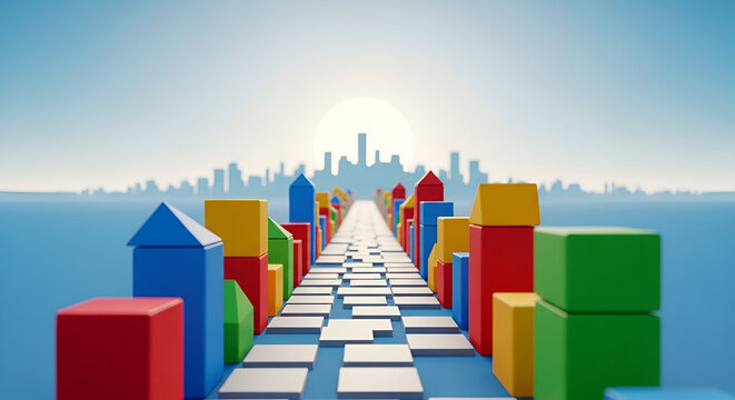 Colorful city made of blocks leading to a stylized cityscape under a bright sun