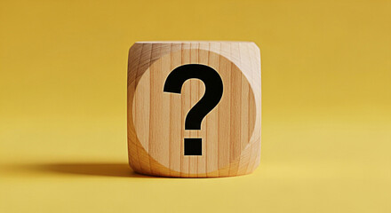 Wooden block displays a bold question mark against a vibrant yellow backdrop creating a sense of mystery and intrigue for educational concepts