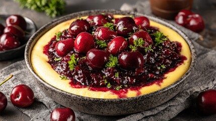 Richly topped creamy dessert rests in a rustic bowl adorned with fresh fruit