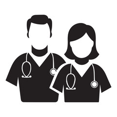 Silhouette icon of male and female doctors with stethoscopes, perfect for healthcare services, clinics, hospital branding, and professional medical designs.