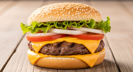 Delicious sesame seed burger with beef, cheese, lettuce, tomato and onions